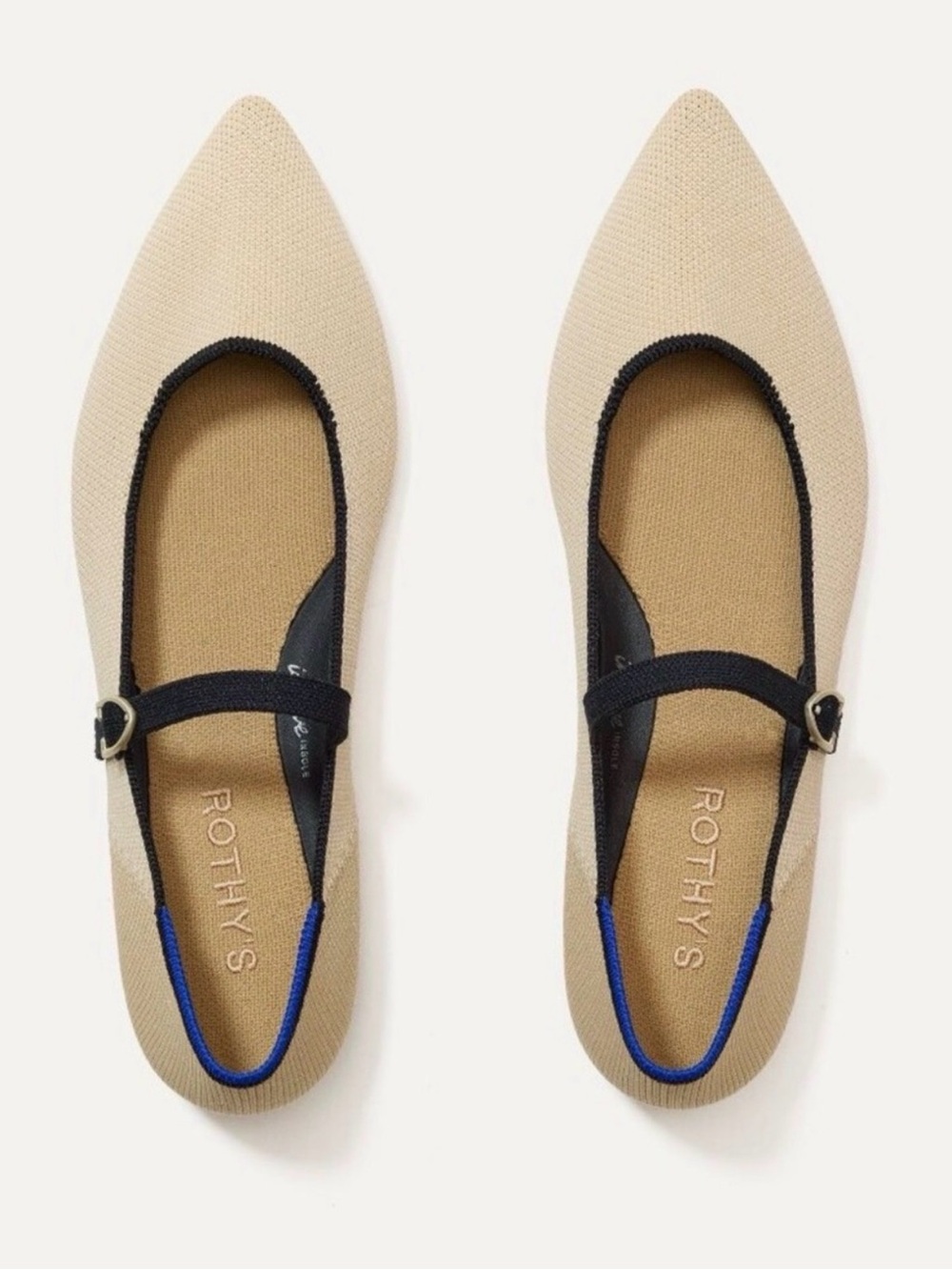 Rothy’s Pointed Toe Mary Jane Flats Cream with Black Trim